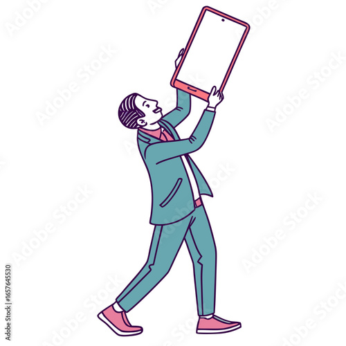 Man in teal suit holding up pink smartphone business
