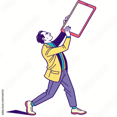 Man in yellow jacket holding up smartphone business attire