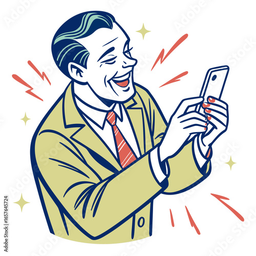 Man in suit laughing while holding a smartphone vector