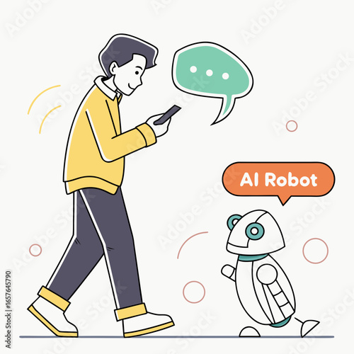 Man interacting with robot using smartphone communication technology