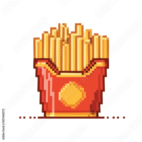 Pixelated illustration of a red and yellow carton filled with golden french fries, a fast food staple.