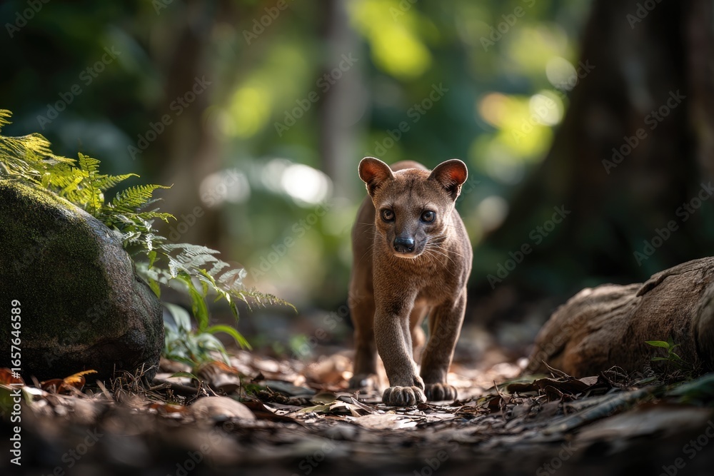 Naklejka premium A brown-furred fossa predator walking on the forest floor of Madagascar