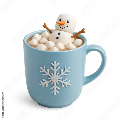 Cute marshmallow snowman with carrot nose and stick arms floating in hot chocolate with marshmallow in blue cup with snowflake
