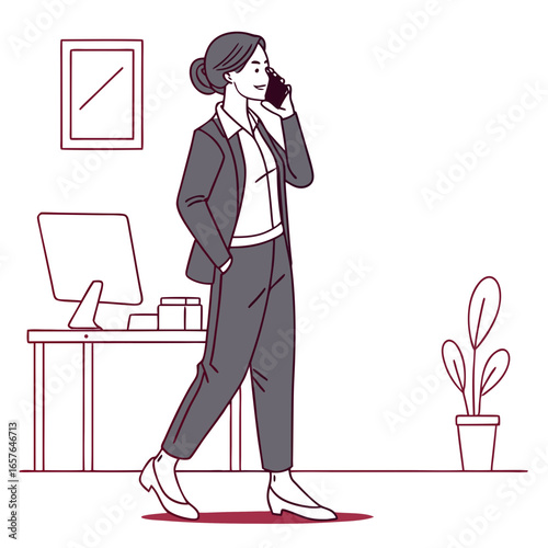 Woman in grey suit talking on phone in office business phone call