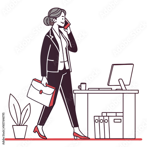 Professional woman talking on phone with briefcase business woman office