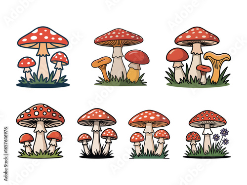 Vector art of collection of various red and white spotted mushrooms with different shapes and sizes, isolated on a autumn vector clipart