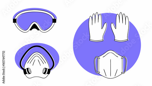 Illustration of personal protective equipment including goggles gloves and face masks on purple circles