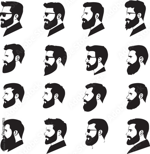 Bearded Male Profile Silhouettes in Rows