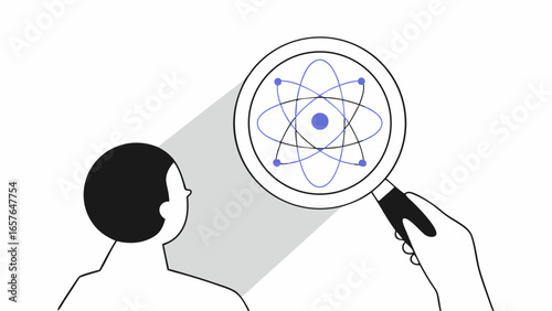 Person looking at an atom model through a magnifying glass with a shadow and a white background design
