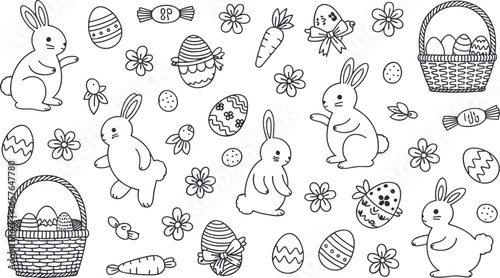 Whimsical easter line art featuring bunnies baskets and decorated eggs for festive crafting