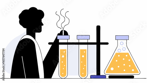 Illustration of a scientist in a lab coat conducting an experiment with test tubes and a flask in a lab