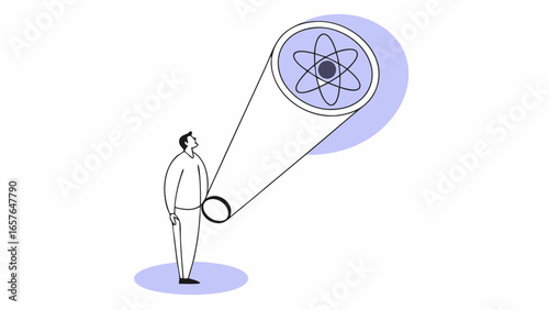 Man looking through telescope at atom with electrons orbiting nucleus on a light purple background