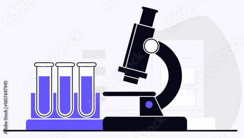 Illustration showing a microscope and three test tubes filled with liquid for science experiments