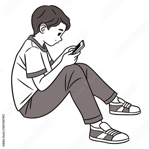 Young boy focused on smartphone screen child sitting