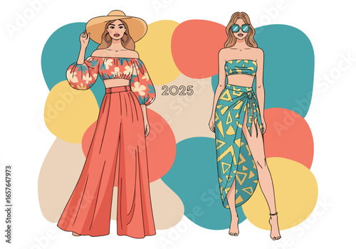 Aesthetic summer fashion vector with 2025 clothing trends, crop tops, flowy skirts, beachwear, bold patterns, stylized