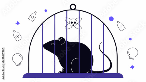 A black rat is trapped inside a cage surrounded by skull icons and potion bottle icons in a white scene