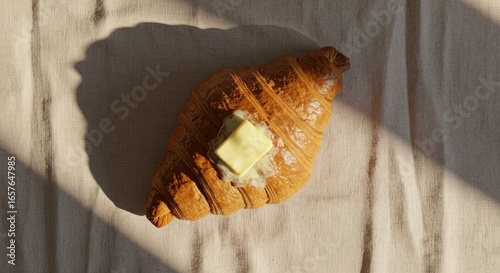 A croissant with a melting butter square resting on textured fabric under sunlight
