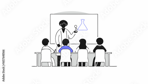 Illustration of a teacher lecturing students about science with a beaker on the whiteboard diagramming it
