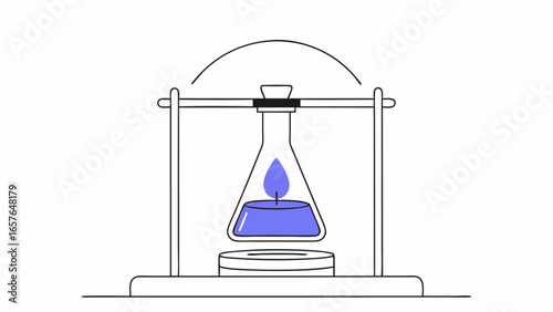 Illustration of a laboratory setup with a flask, stand, and a blue liquid being heated by a burner
