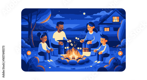 A happy family of four roasting marshmallows over a campfire in their backyard at night.
