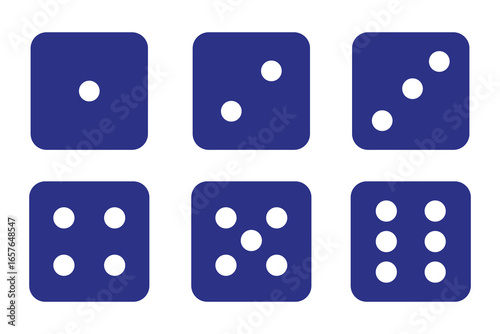 Dice graphic icon. White, Blue game dice cubes from one to six dots. Gambling objects to play in casino, poker. Six faces of cube. Traditional die with numbers of dots from 1 to 6. Vector.