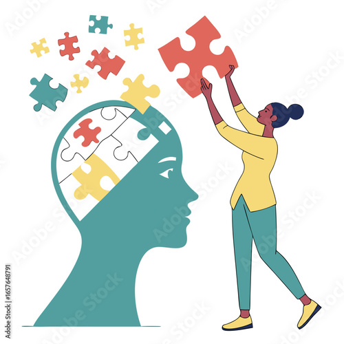 Woman assembling puzzle pieces into head silhouette flat design