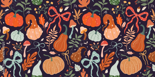 Autumn seamless pattern with pumpkins and bows, coquette seasonal wallpaper, aesthetic background