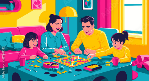 A happy family of four playing a board game together at a table in a brightly colored, modern living room.