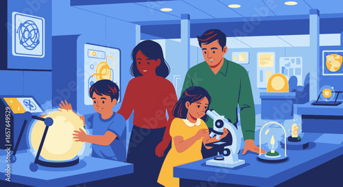A family with two children enjoys interactive exhibits at a modern science museum, learning about science together.