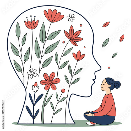 Woman meditating with blooming thoughts inside head silhouette meditation flowers
