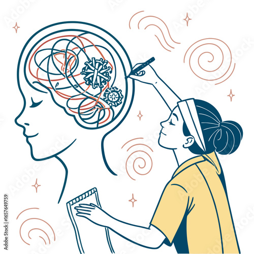 Woman organizing tangled thoughts with gears and notebook mind