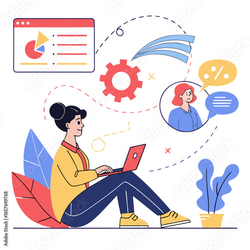 Woman using laptop for online communication and data analysis online learning chart