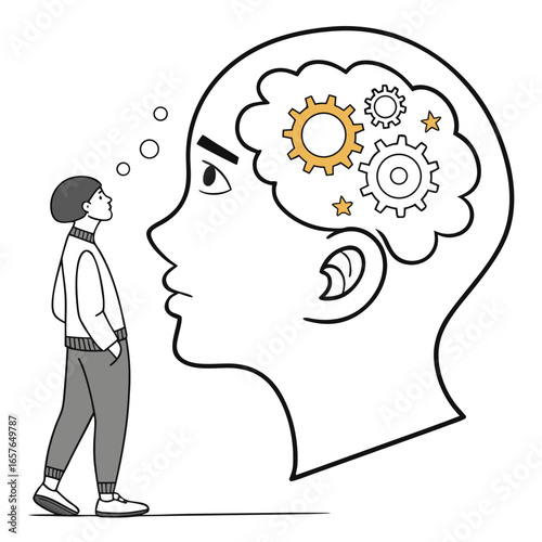 Person contemplating giant head with gears and stars thinking