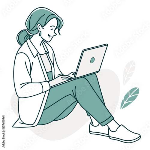 Woman browsing internet on laptop while sitting vector