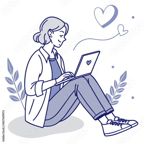 Woman browsing internet on laptop with hearts and plants vector