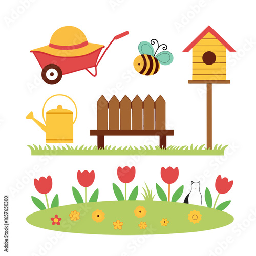 Cute cartoon garden scene with bee watering can fence and flowers gardening insect
