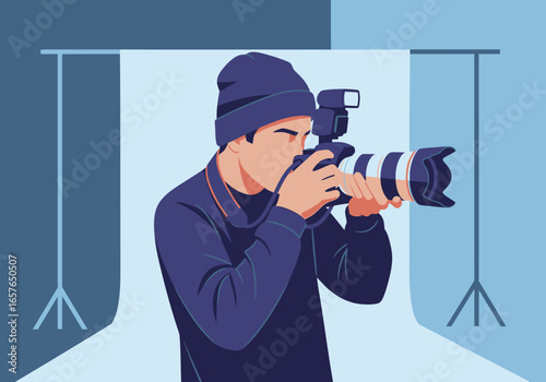 An illustrated male photographer in a blue beanie taking a picture with a camera in a studio setting.
