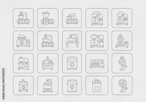 Collection of various industrial and kitchen equipment icons, outlined on a light gray background.