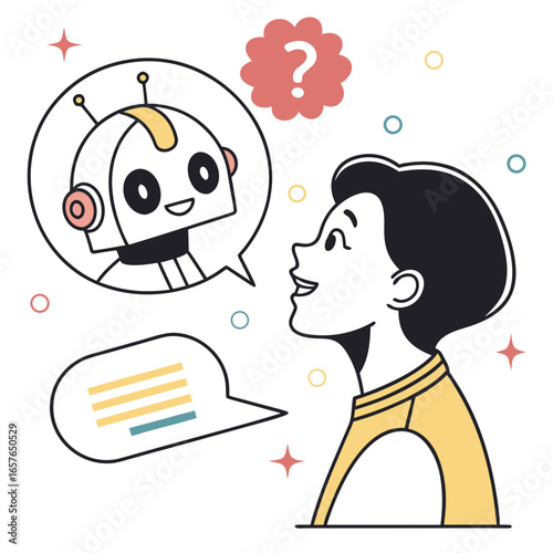 Person conversing with friendly robot asking question chatbot conversation