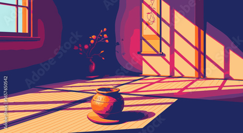 A serene Japanese-style room with a ceramic pot on the floor, bathed in the warm light and long shadows cast by a window at sunset.