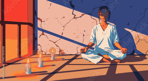 A serene woman in white meditates in the lotus position in a sunlit room with candles and shadows.