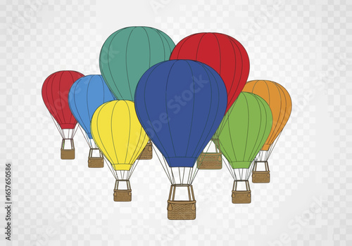 A vibrant illustration of multiple colorful hot air balloons floating together on a transparent background.