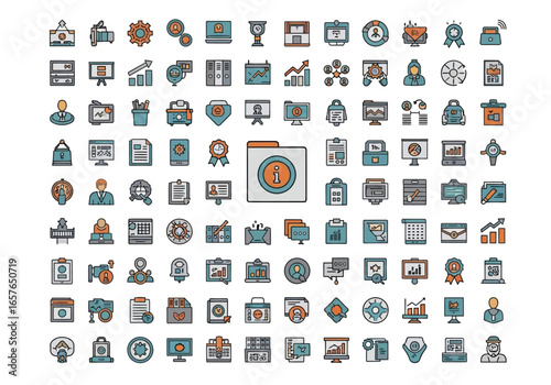 A large collection of flat design icons representing various business and technology concepts, including charts, graphs, computers, and office supplies.
