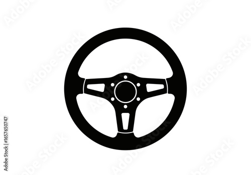 Black and white image of a steering wheel, a circular control device for vehicles.
