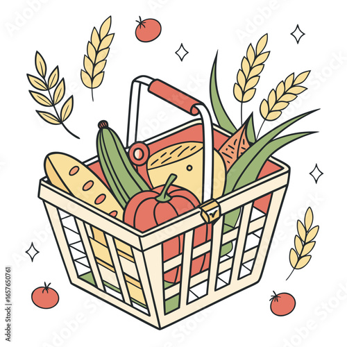 Shopping basket filled with fresh produce and grains vegetables fruits