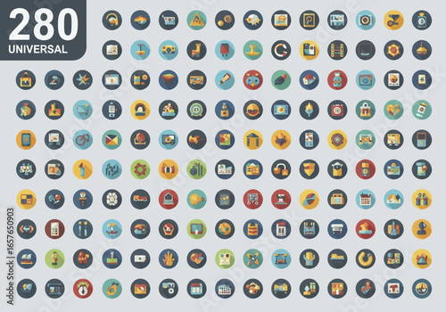 Collection of 280 colorful universal icons on a light gray background.