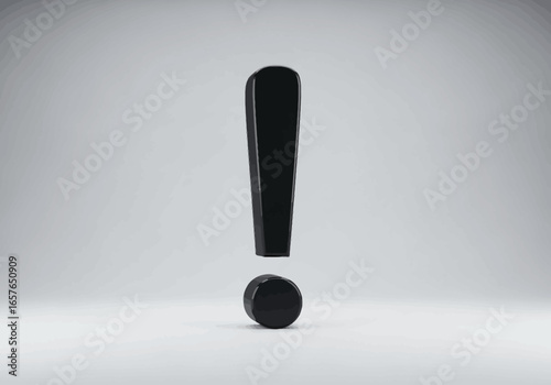Close-up of a glossy black exclamation mark on a light gray background.
