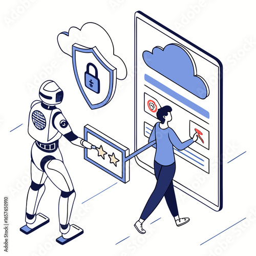 Robot guiding user through secure login and digital shield digital security