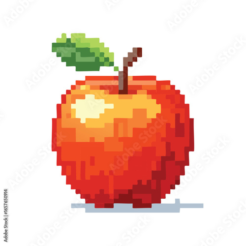 Pixelated illustration of a red apple with a green leaf, showcasing digital art style.