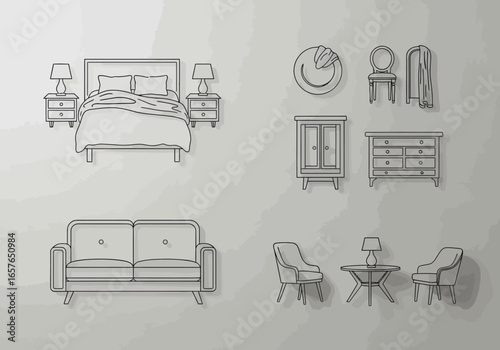 A collection of home furniture icons depicted in a clean, minimalist line art style, including bedroom and living room sets.